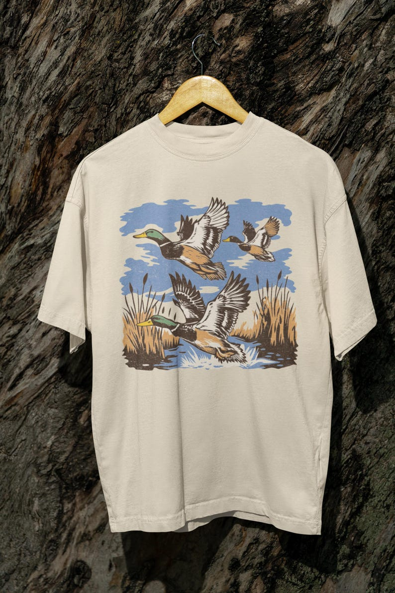 Vintage Mallard Duck Flying Over Pond Graphic T-Shirt