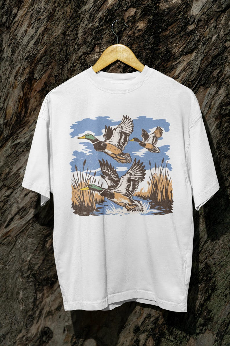 Vintage Mallard Duck Flying Over Pond Graphic T-Shirt