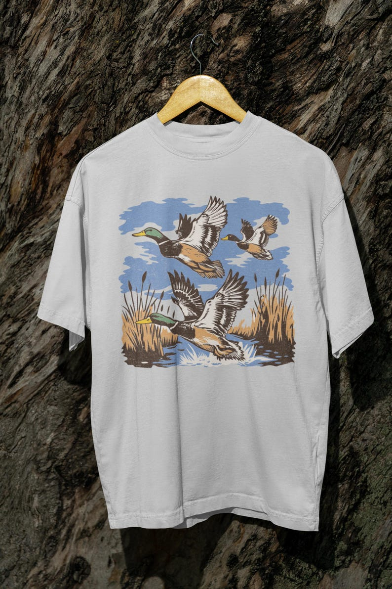Vintage Mallard Duck Flying Over Pond Graphic T-Shirt