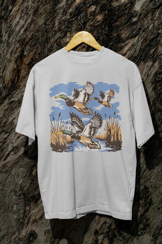 Vintage Mallard Duck Flying Over Pond Graphic T-Shirt